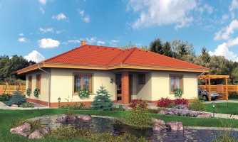 Maison de famille en forme de L avec terrasse couverte et grand espace à l'entrée. La forme du toit peut être modifiée.
